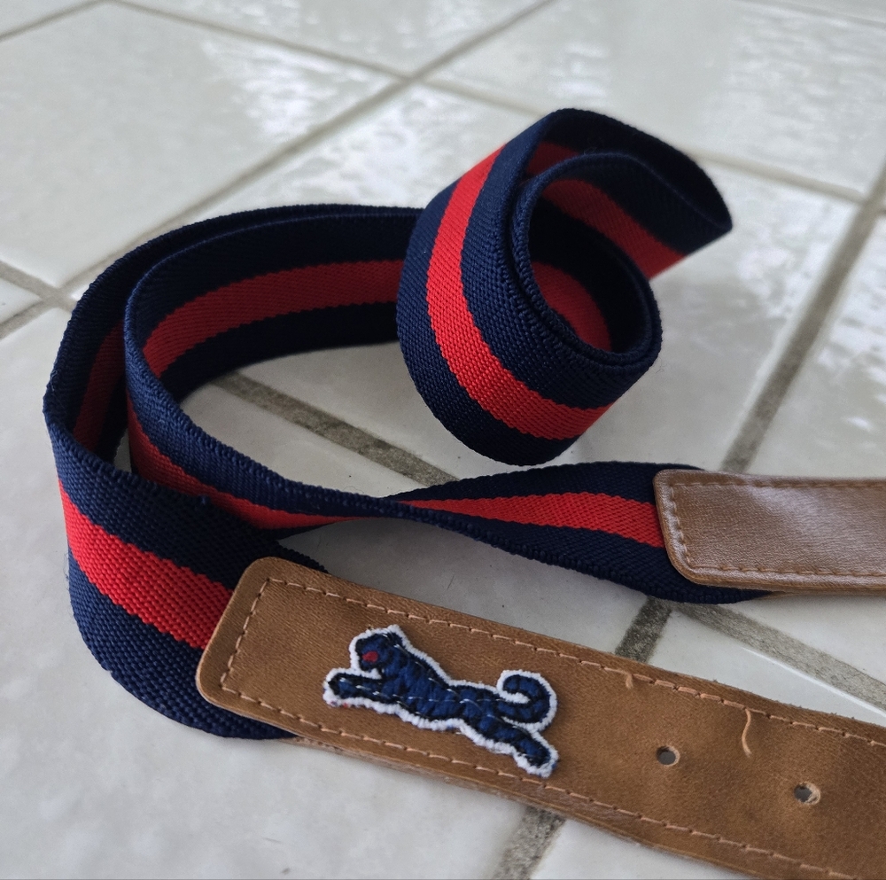 Vintage LeTigre Tiger Striped Belt Red Blue Leather Buckle